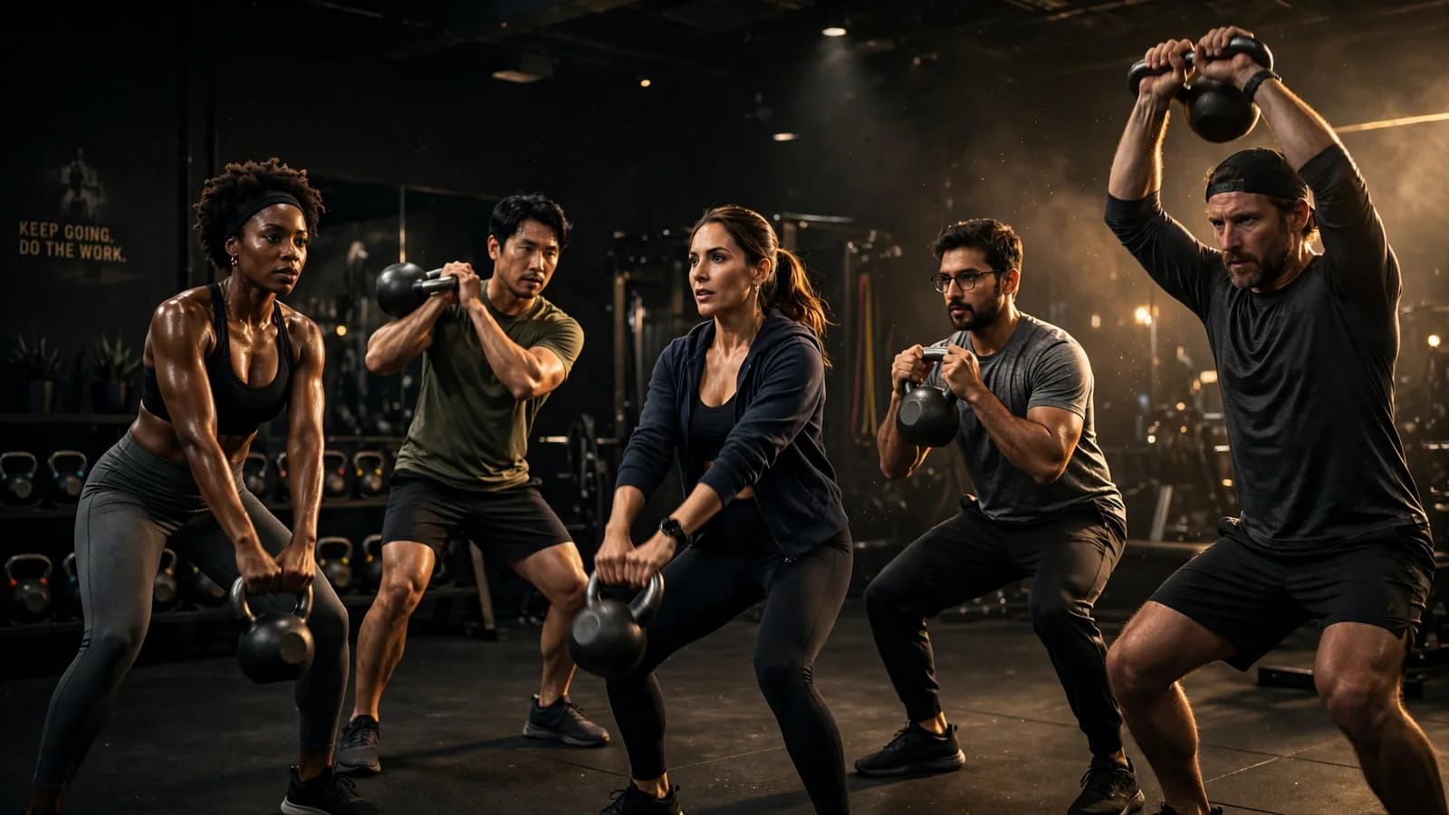 Diverse group fitness class training together with kettlebells in a dark cinematic gym — the VÉLORA community