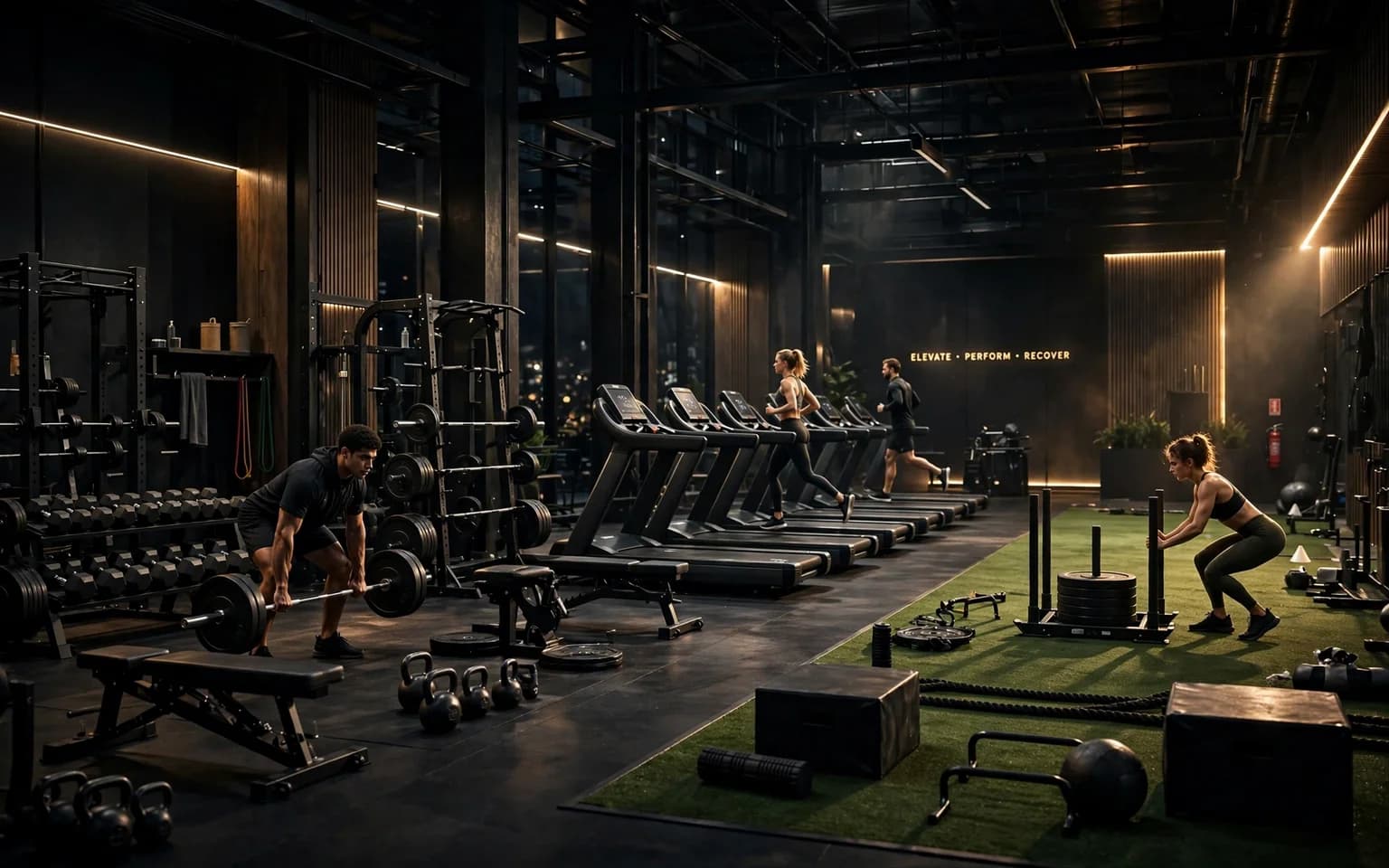 Wide cinematic view of a luxury dark gym with training zones for every fitness goal — VÉLORA