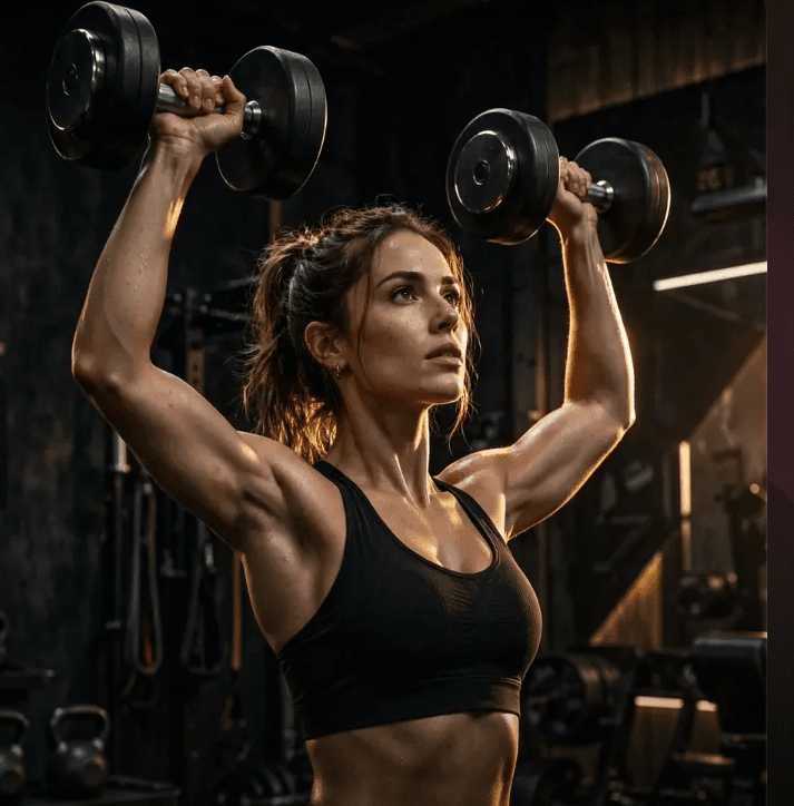 Athletic woman doing dumbbell shoulder press in a dark cinematic gym — VÉLORA strength training