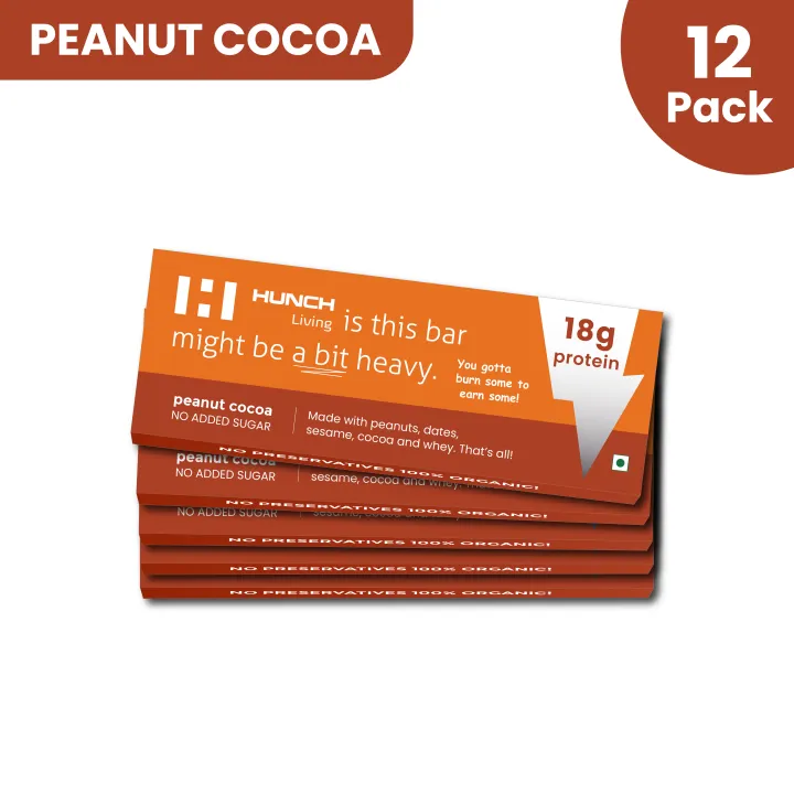 HUNCH Living Peanut Cocoa Protein Bars Pack of 12 (60g Each) | 18g High Protein | No Added Sugar | Gym & Diet Snack