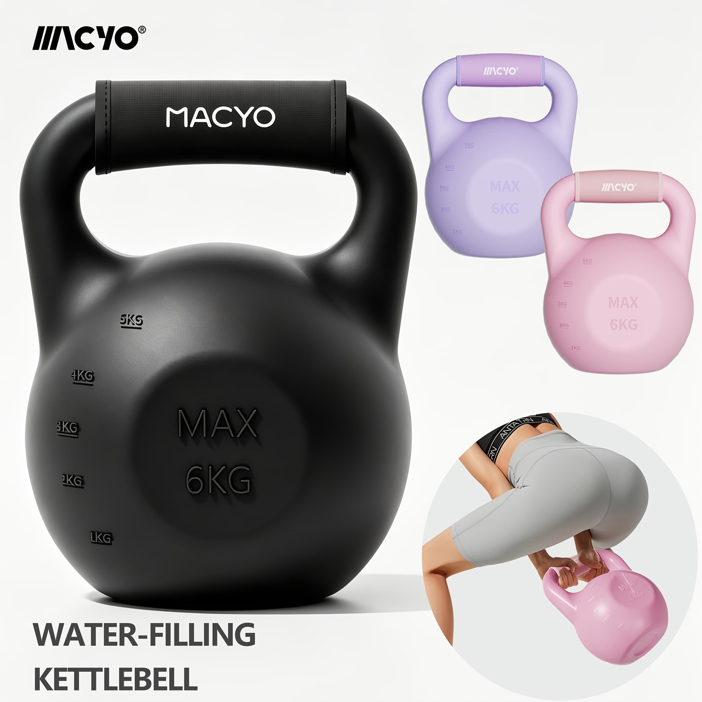 MACYO 1pc Adjustable Self-Filling Kettlebell for Women & Men - 1-6kg/2.2-13.2 Lbs, Water-filled Kettlebell, Durable EVA/PE Material, 3 Colors (Purple/Blue/Black) - Home Gym, Yoga & Strength Training Equipment