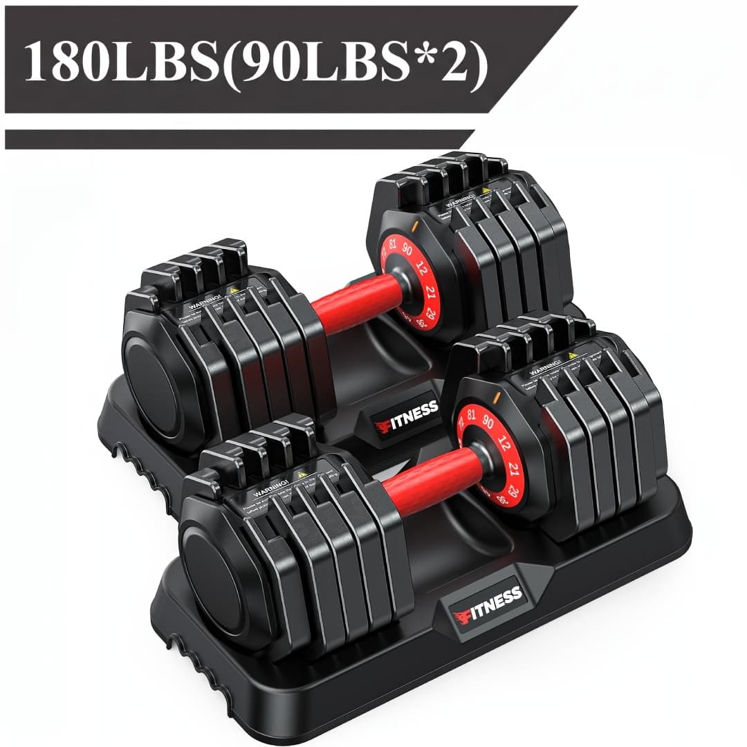 10-in-1 Quick Adjust Dumbbell Set 25-90LBS with Tray, Anti-Slip Handle