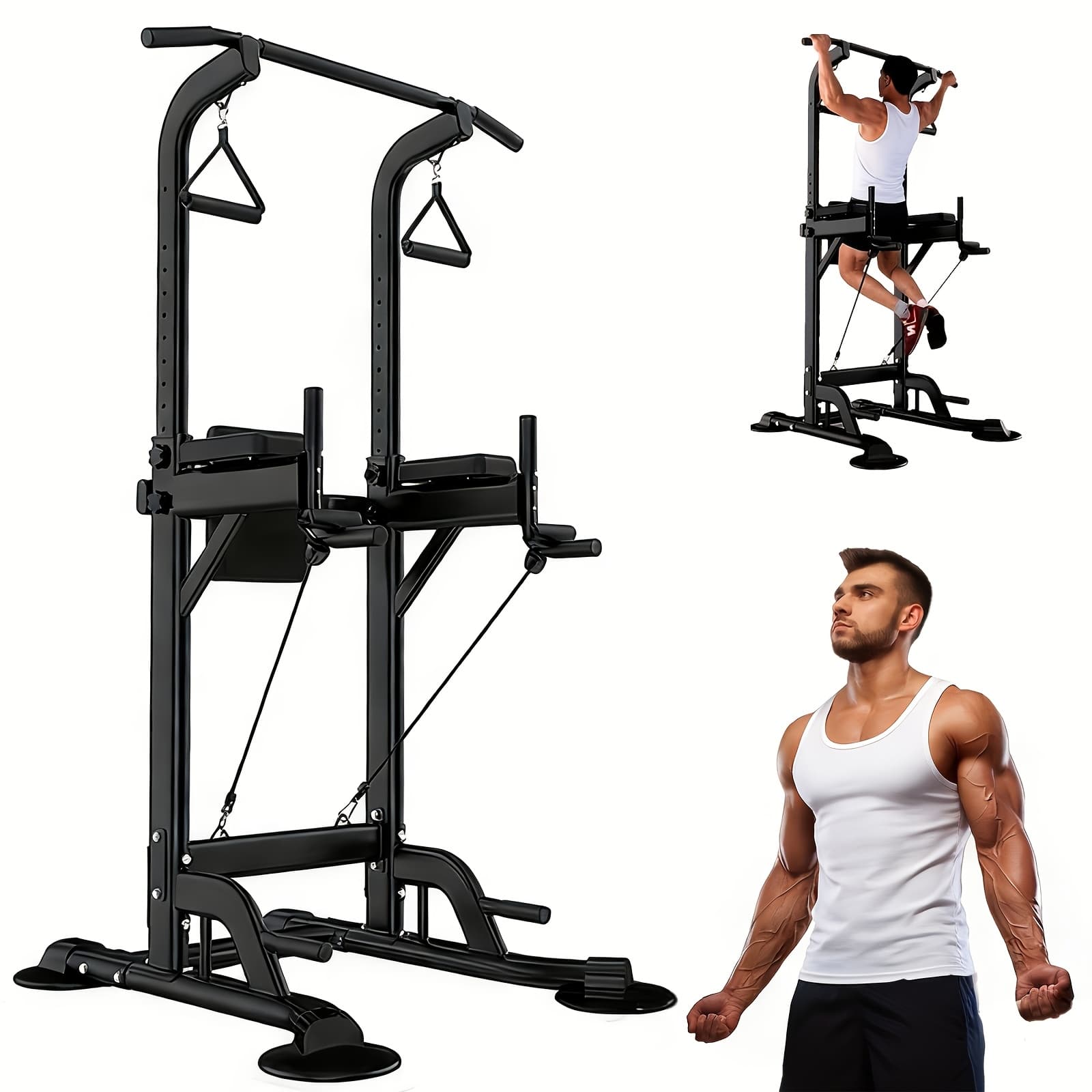 LEASBAR Power Tower Pull Up Bar Stand, Adjustable Dip Station 330LBS