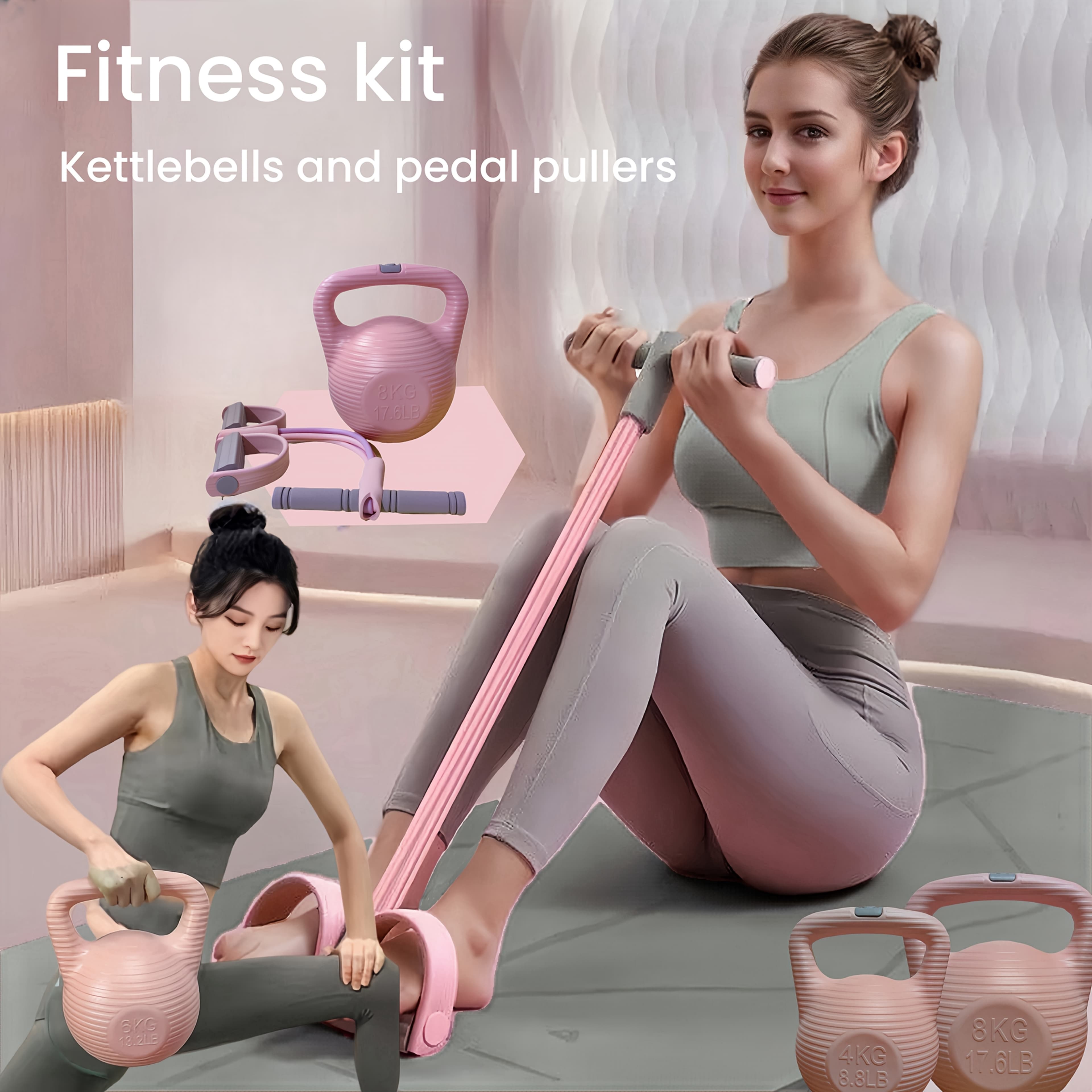 Pink Gray Kettlebell Home Fitness Set, Home Fitness Indoor Kettlebell And Foot Pedal Puller Stretcher Suitable for Home Gym Butt, Arm, Leg Training And Indoor Home Fitness Supplies, Especially Suitable for Home Women And Non-Professional Fitness Men