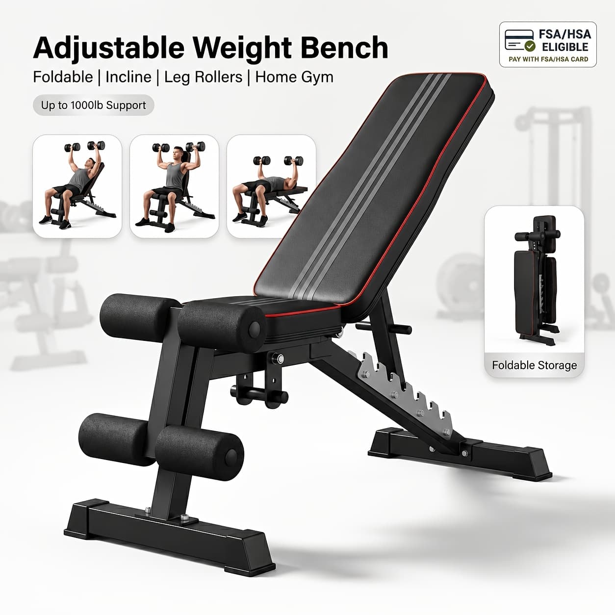Adjustable Foldable Weight Bench, Incline with Leg Rollers, 1000lb Support