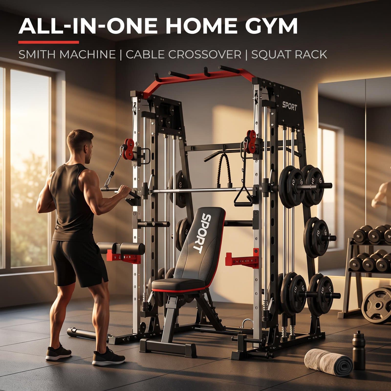 Full-Body Home Gym Smith Machine with Adjustable Bench