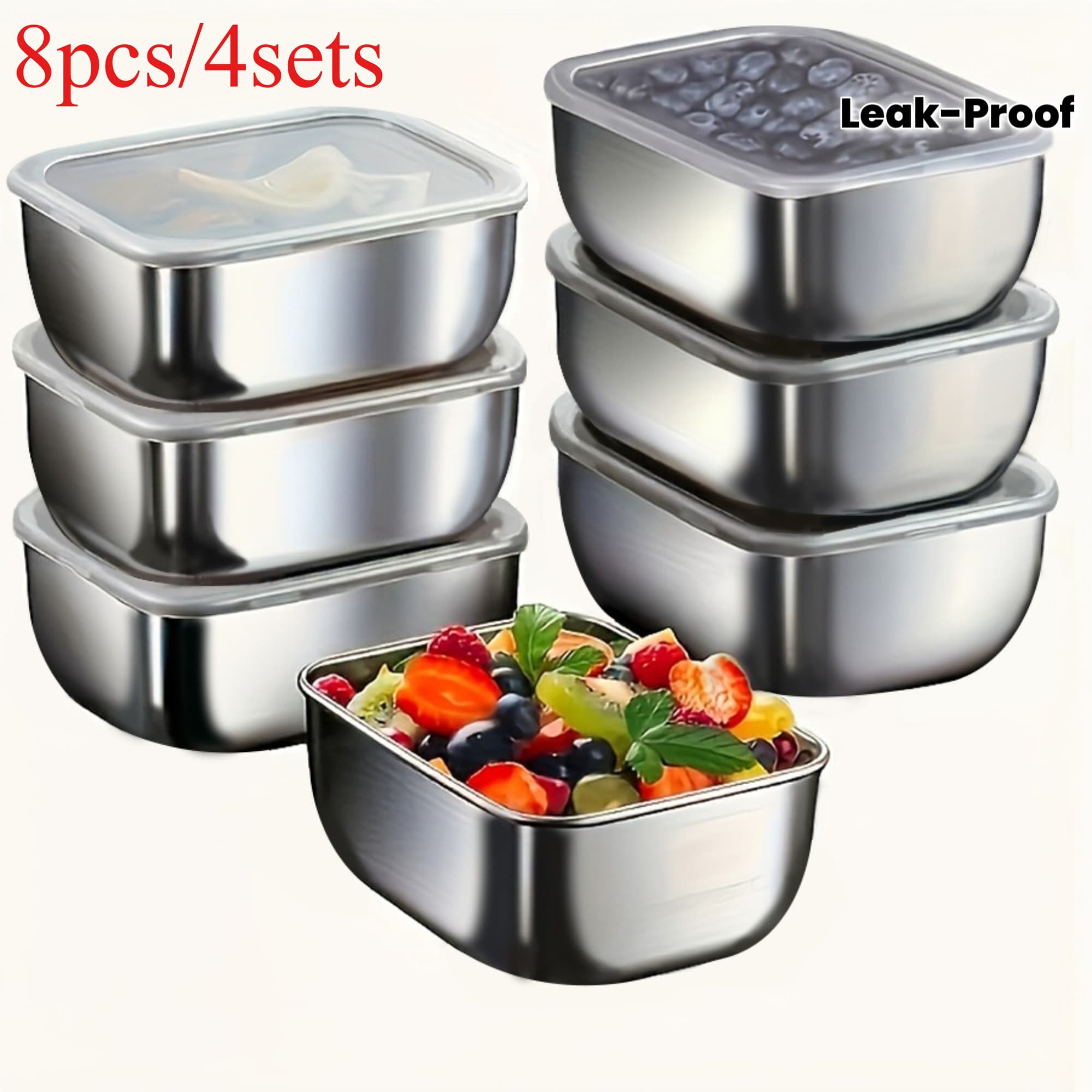8pcs 410 Stainless Steel Food Storage Containers
