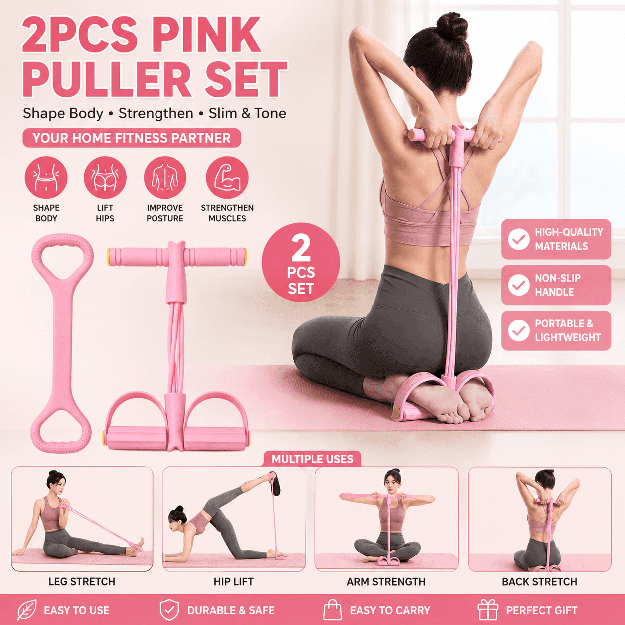 2pcs Pink Fitness Resistance Band Set, 8-Shape Shoulder Back Rope +...