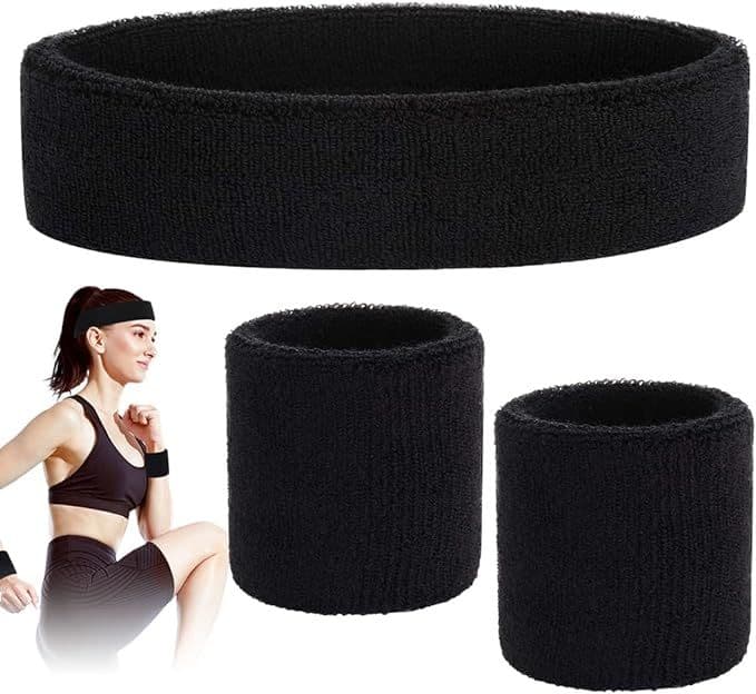 Set of 3 Sweatbands — 1 Sports Headband + 2 Wristbands (Terry Cloth)
