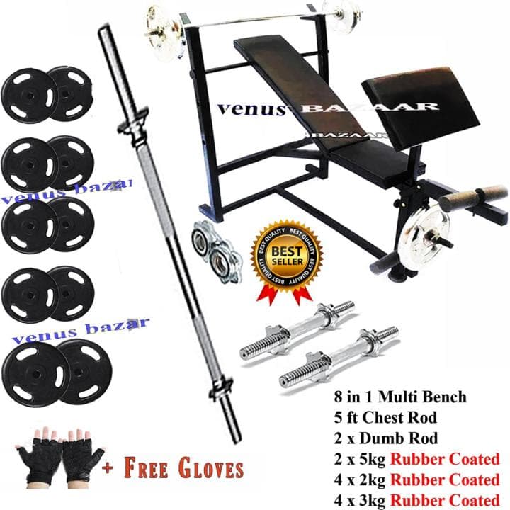 26kg 38kg 48kg 8 in 1 Multi Position Gym Bench Press Rubber Coated Weight Plates Chest Bench 5ft Rod Dumbell Rod Exercises Dumbel