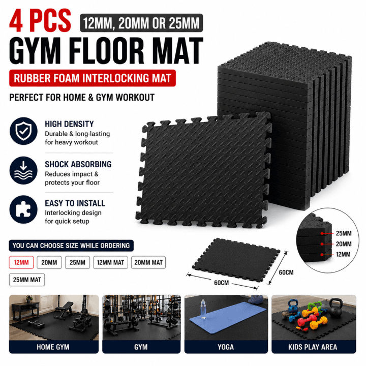 4 Pcs 12mm, 20mm or 25mm Gym Floor mat Rubber Foam for Heavy Workout Puzzle Floor mats for Home Exercise