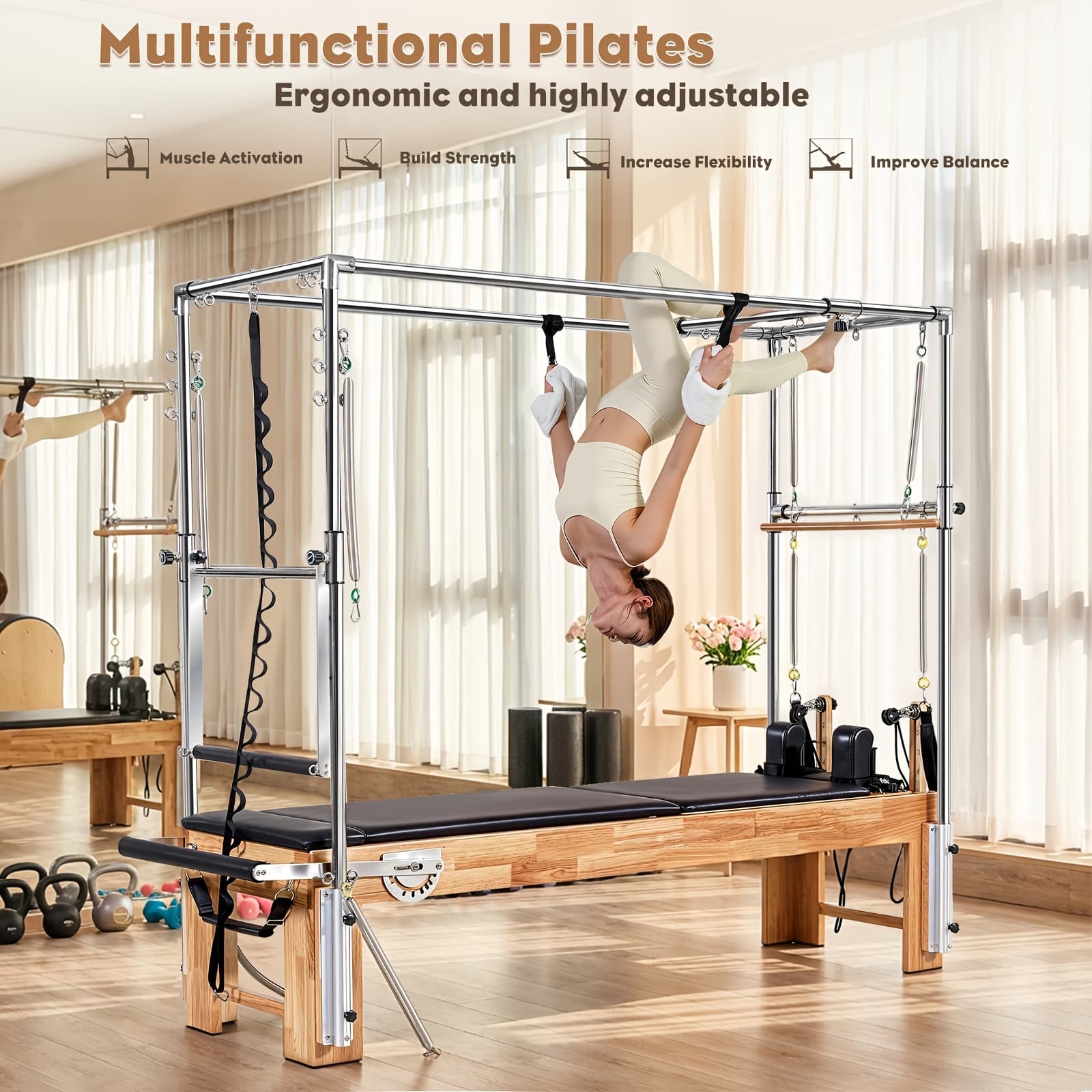 3-In-1 Studio-Grade Pilates Equipment Oak Aluminum