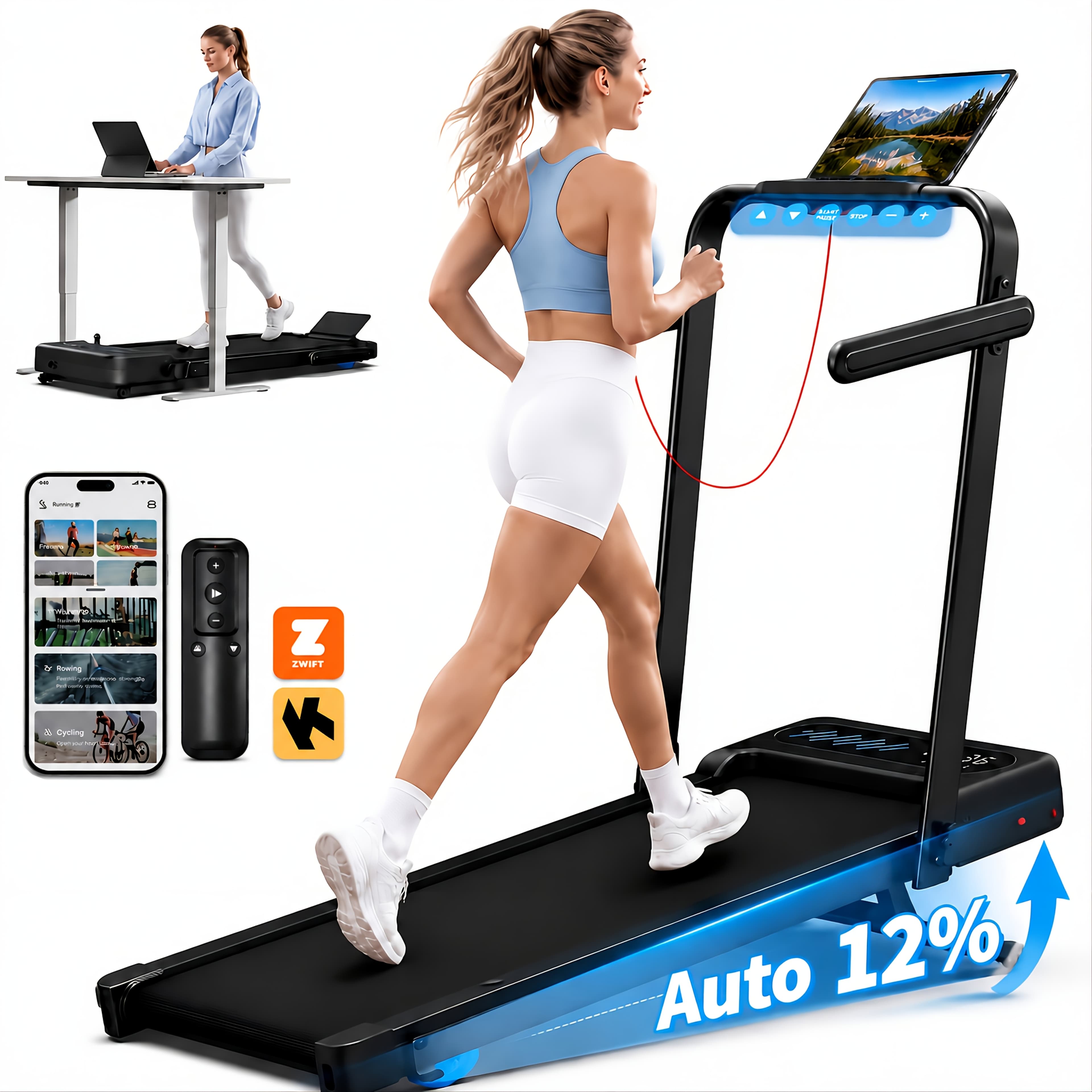Foldable Under Desk Treadmill with 12% Auto Incline & Handle Bar, 3...