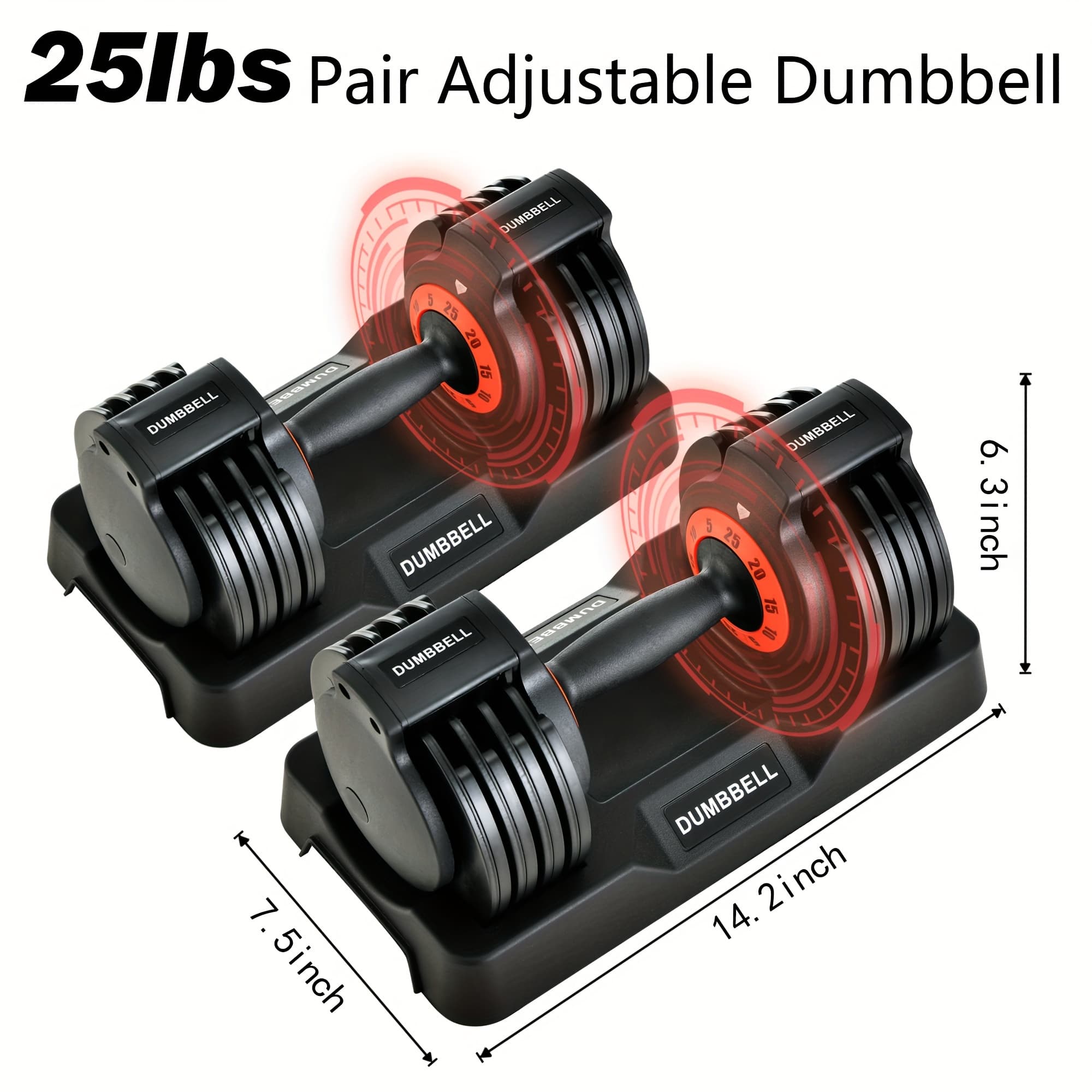 25/50 Lbs Adjustable Dumbbell Set with Tray, Fast Adjust, Home Gym