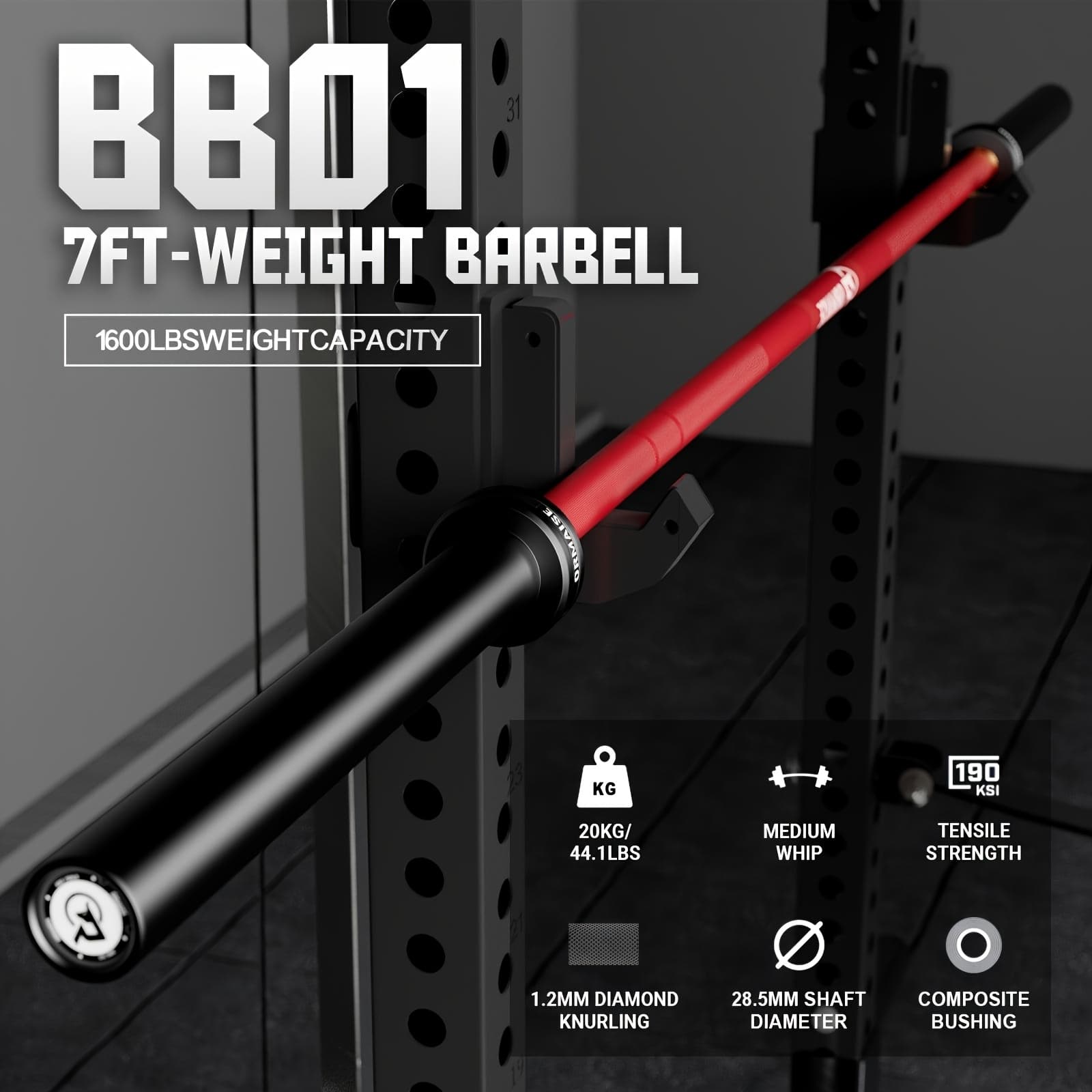 7ft Weightlifting Barbell, 1600LBS Capacity, 45LB