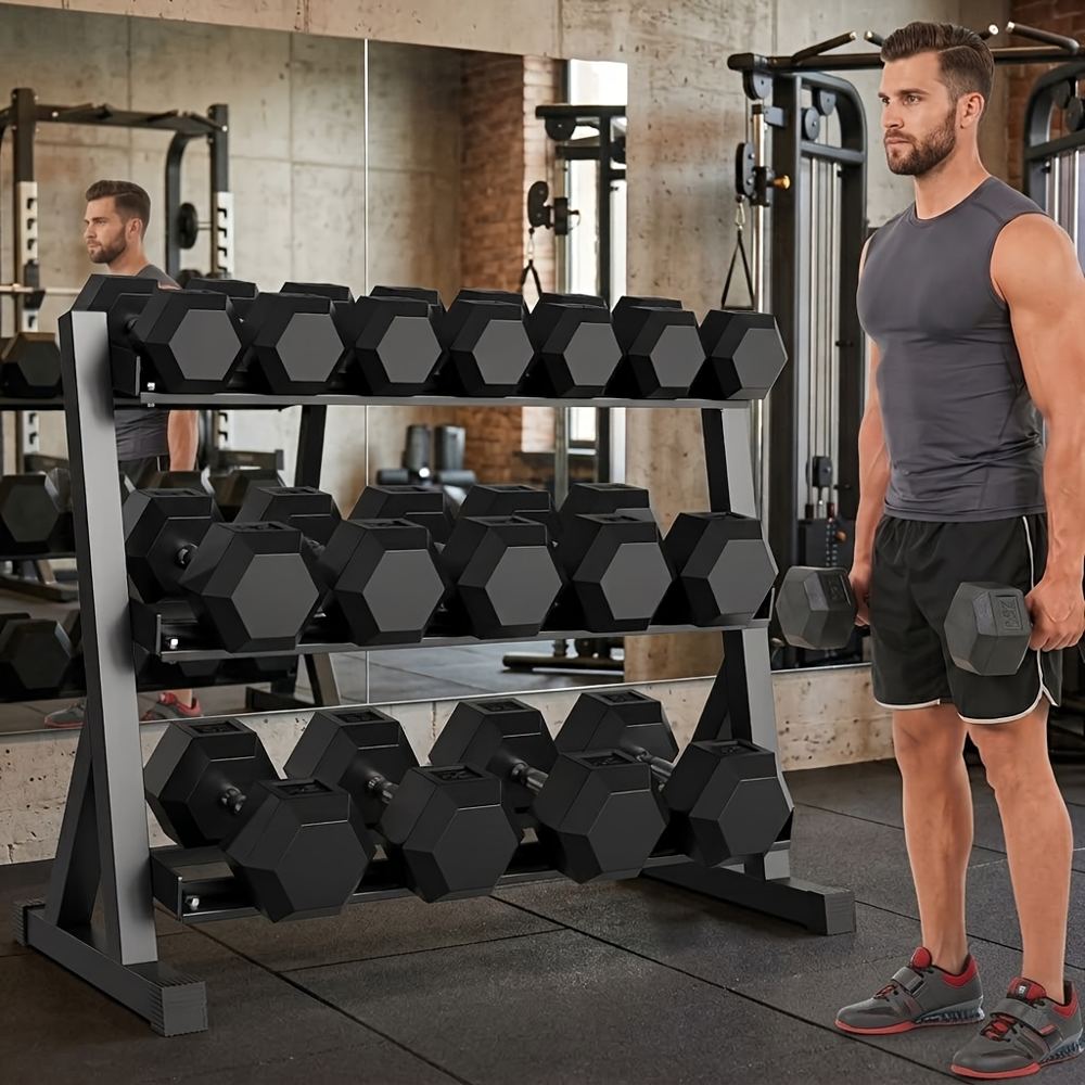 A rubber-coated hex dumbbell set arranged on a storage rack