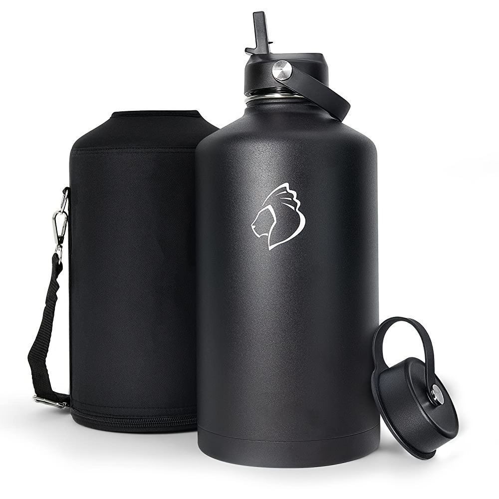 A 1-gallon water bottle with straw lid designed to keep water cold for 48 hours