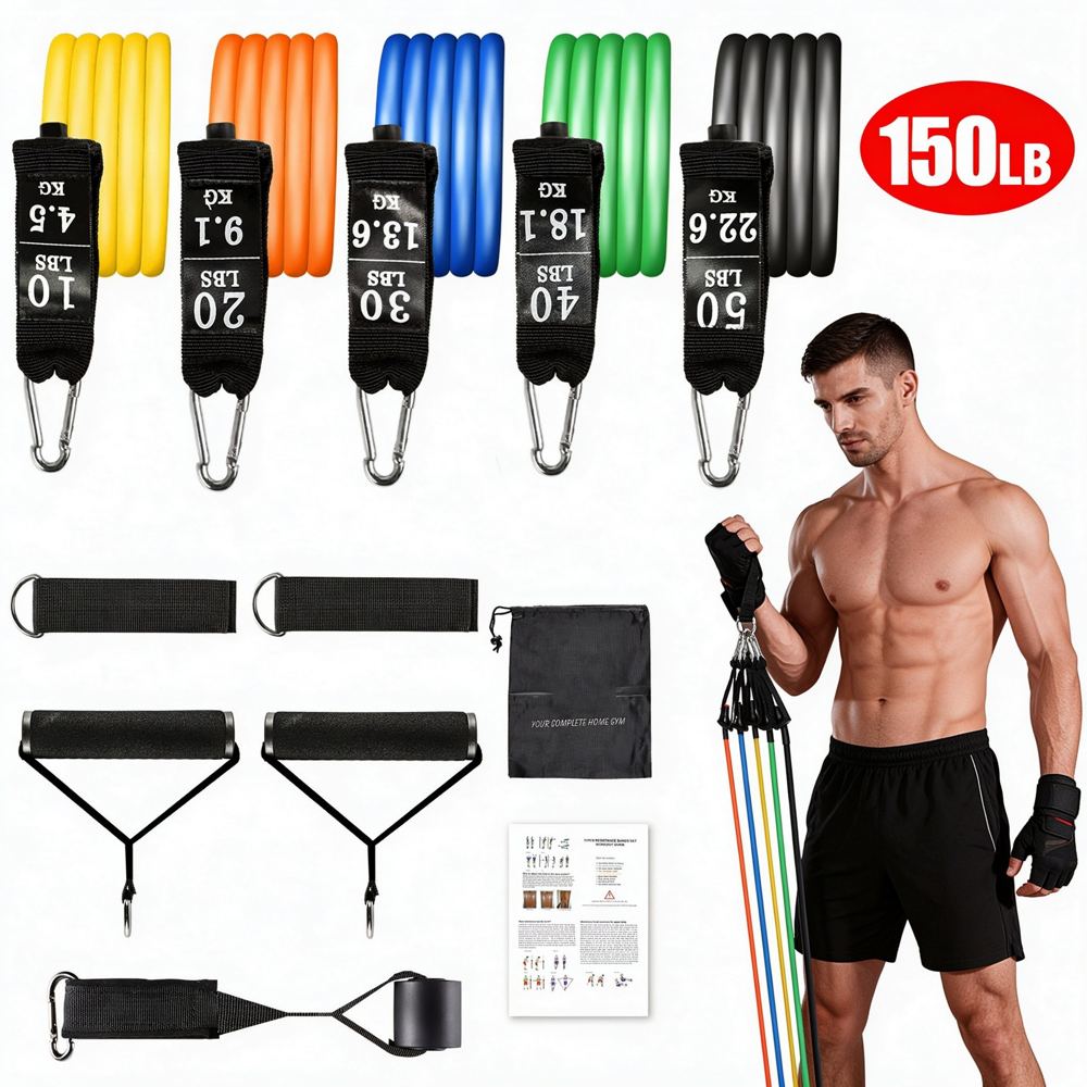 An 11-piece resistance band set with 5 levels, handles, and door anchor