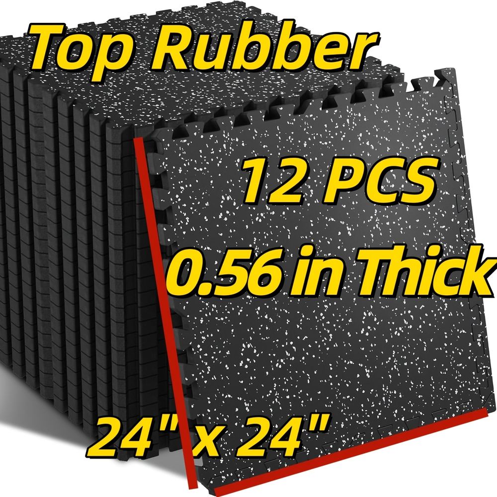 Interlocking rubber-top exercise mats for a cushioned, non-slip workout surface