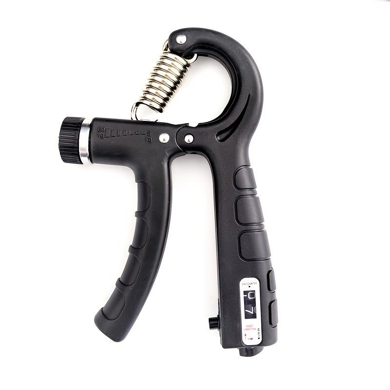 A heavy-duty adjustable hand grip strengthener with a steel coil spring and textured handles