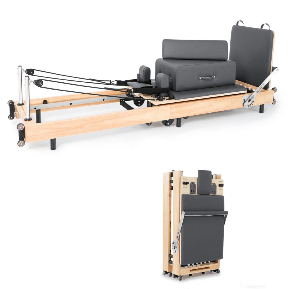 An oak wood Pilates reformer machine for home workouts