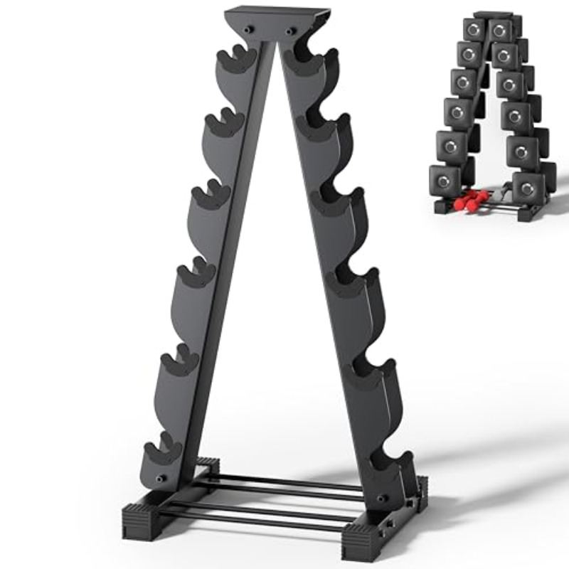 A tiered dumbbell rack for a well-equipped gym floor
