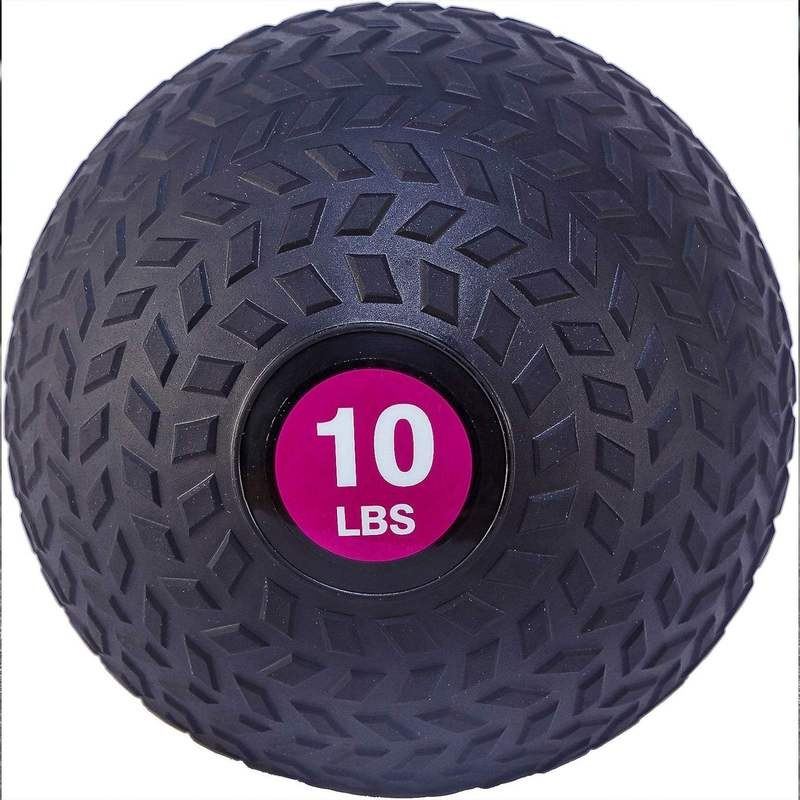 A purple 10-pound weighted medicine ball with a textured surface