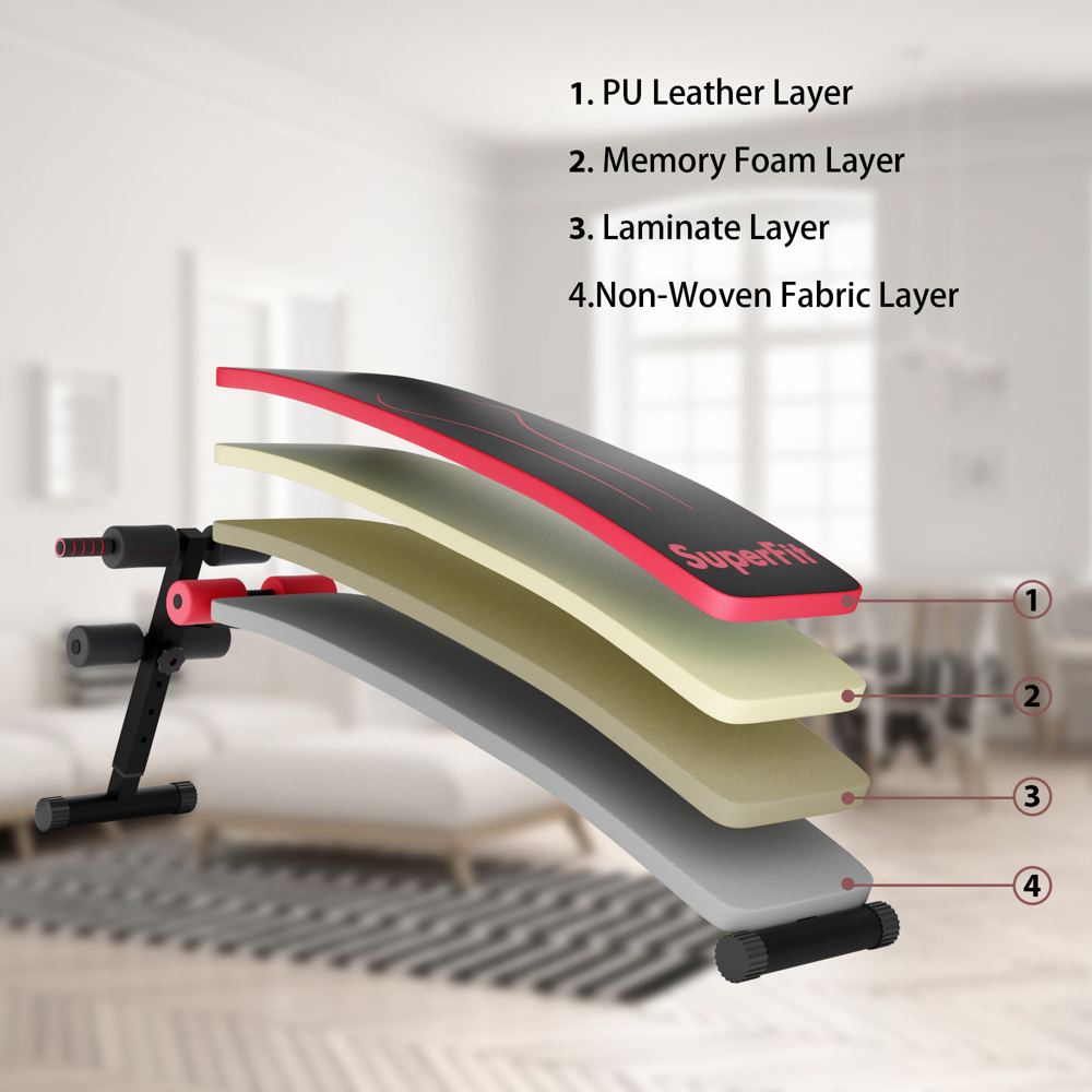 A foldable sit-up bench with crunch handles used for core and ab beginner exercises