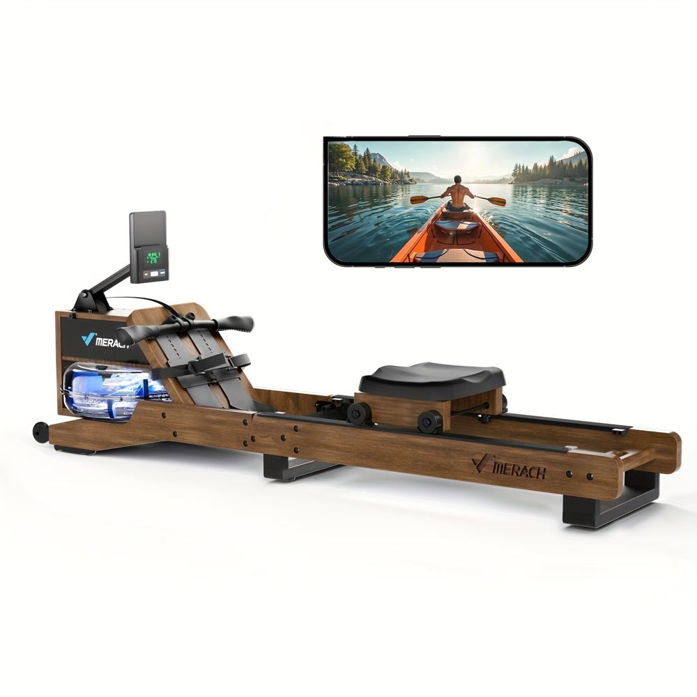 A MERACH foldable water rowing machine with a red oak wood frame