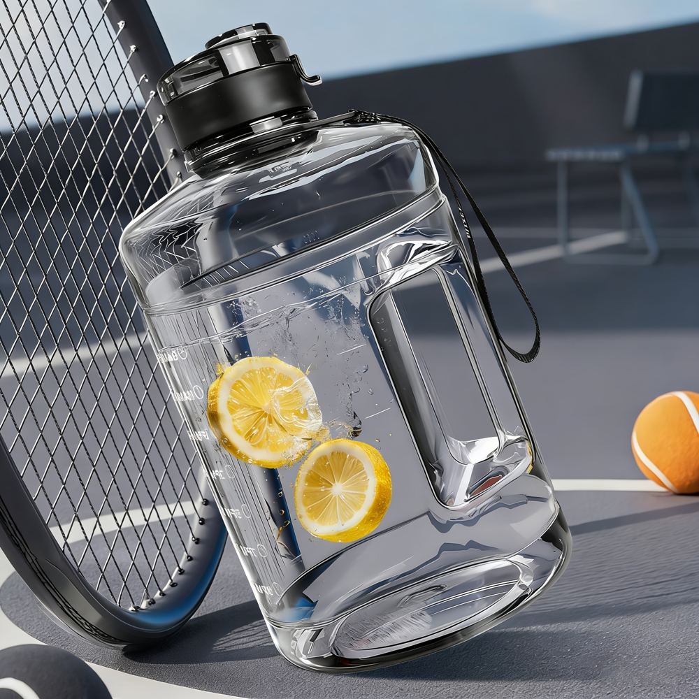 A QD.SUZEE 1-gallon water bottle with motivational time markers to track daily water intake