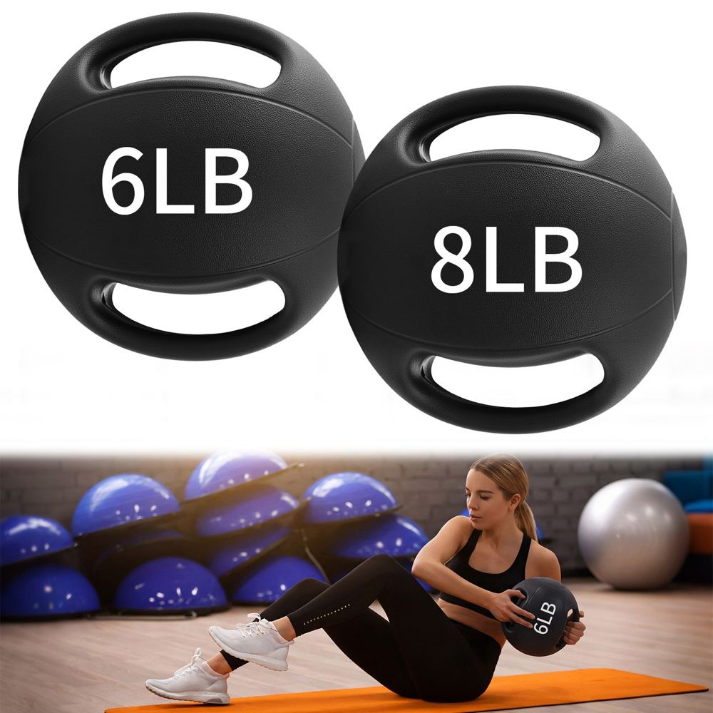 A two-ball medicine ball set with dual grips in 6 lb and 8 lb