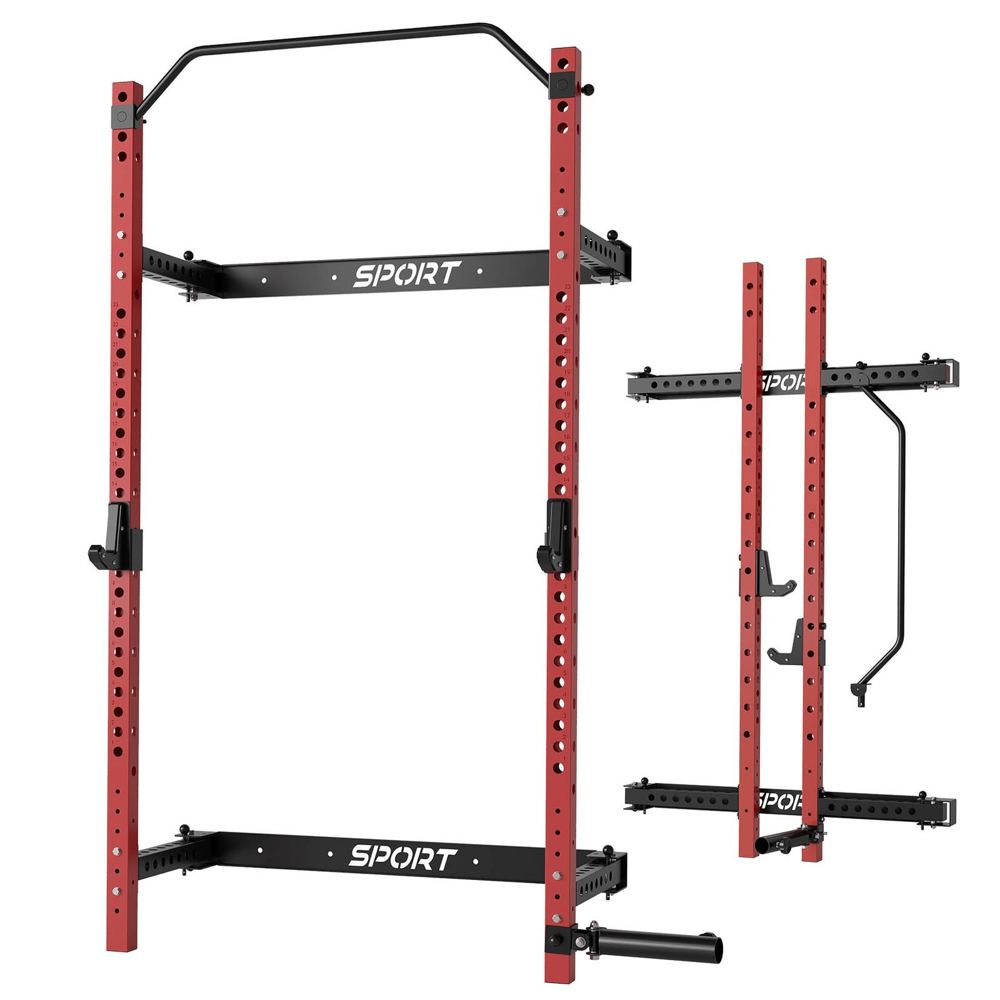 A wall-mounted foldable squat rack with an integrated pull-up bar