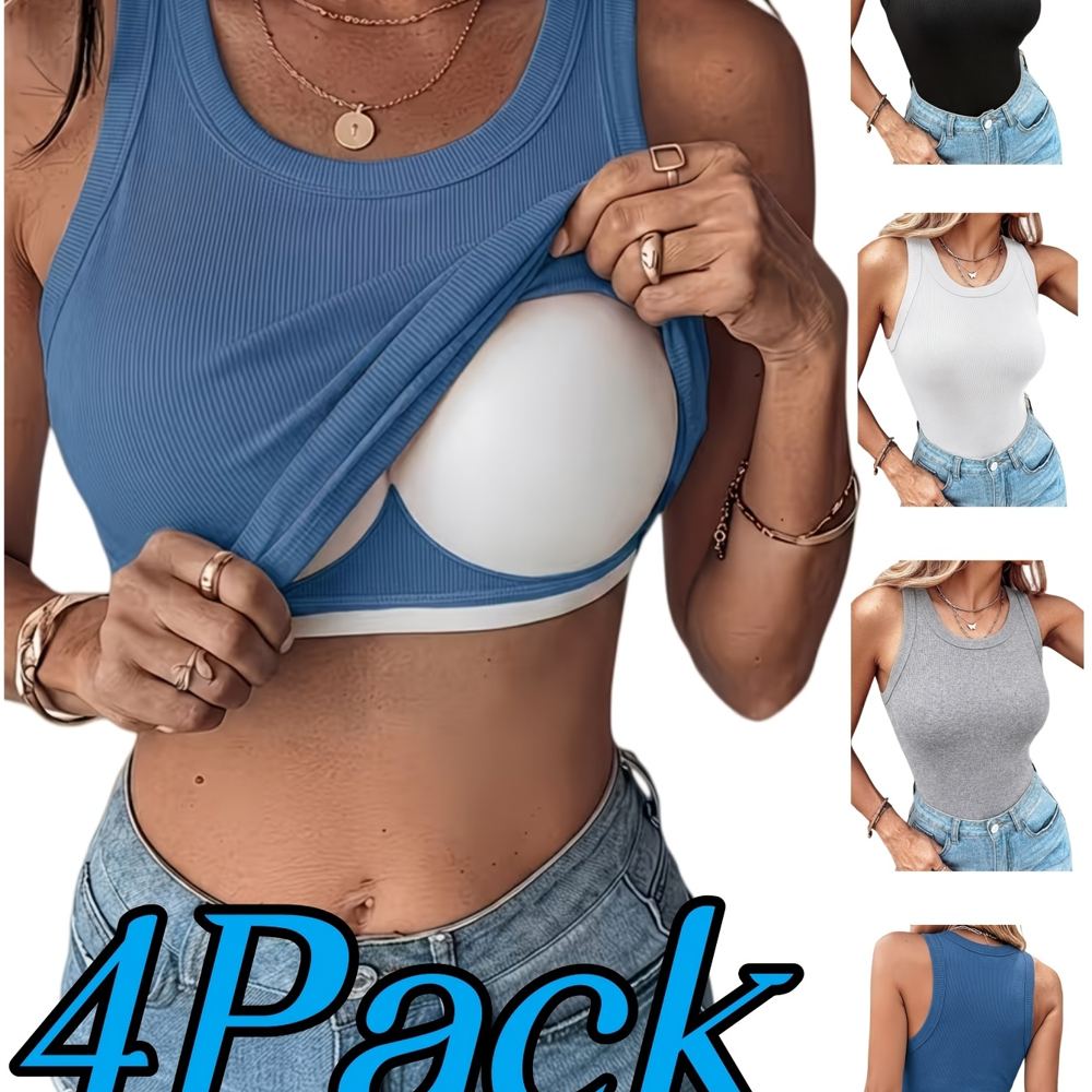 Four ribbed women's tank tops with built-in bras in a pack