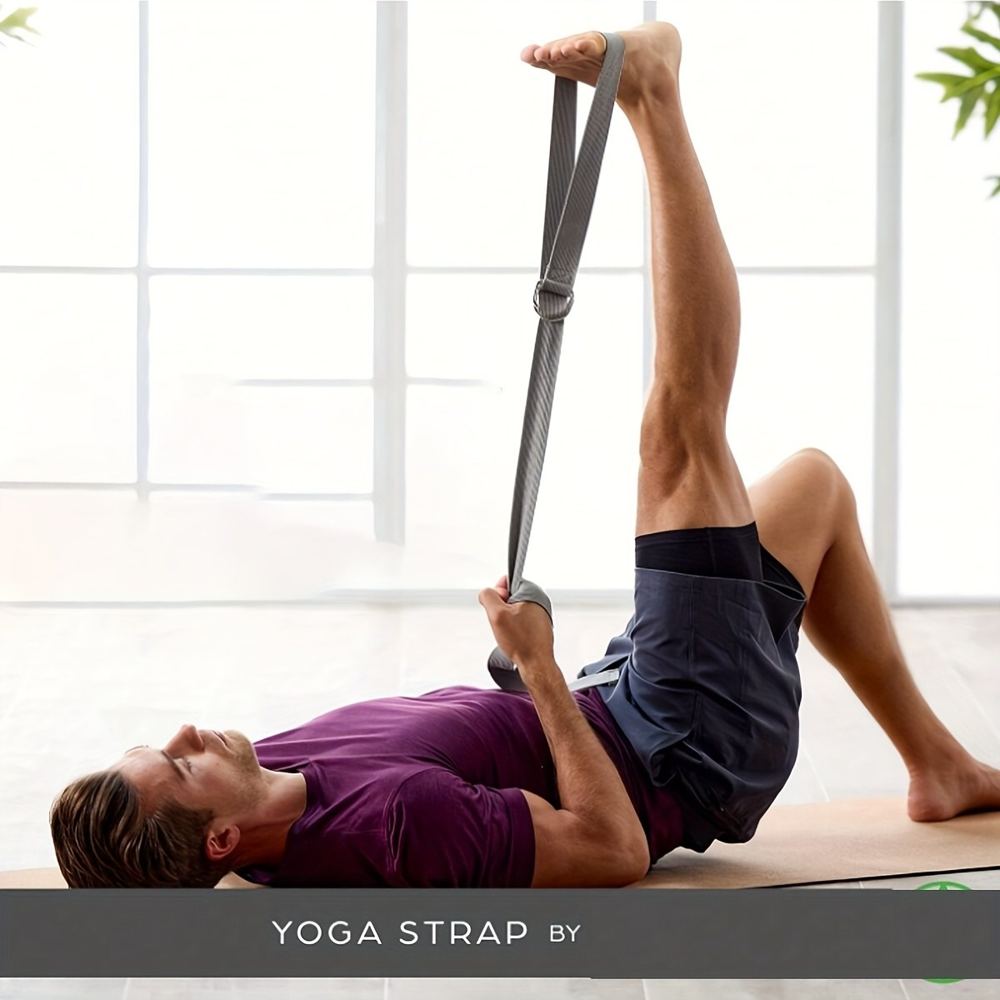 A yoga stretch belt with an adjustable metal D-ring buckle for deeper assisted stretching
